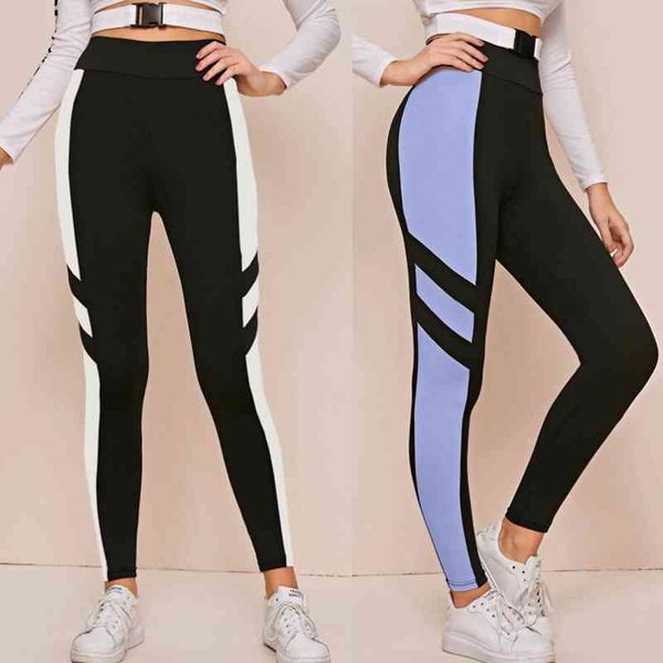 Pantalon sexy Fitness Leggings de sport à rayures Leggings de sport Femme Pantalon de course Taille haute Fitness Pantalon de sport serré 210515