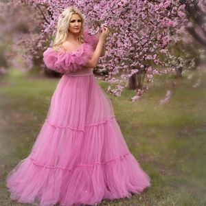 Sexy tule roze zwangerschapsjurk voor fotoshoot dames prom -jurken van de schouder pluizige baby shower jurken es es es