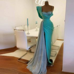 Sexy turquoise hoge kant split prom jurken 2021 zeemeermin lovertjes lange feestjurken kristallen formele avondjurk vestidos de festa