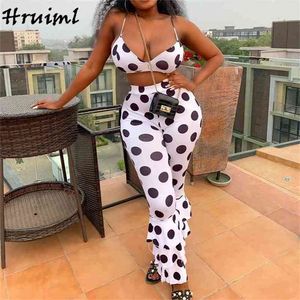 Sexy Deux Pièces Ensemble pour Femmes Été Casual Polka Dot Spaghetti Strap Crop Top Pantalons Longs Ensembles De Mode Tenues Plus Taille Clubwear 210513