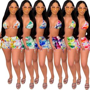 Sexy Tweedelige Bikini Set Tie Dye Triangle Halter Vrouwen Beachwear Boyleg Trekkoord Bottom Shorts Clubwear Summer Night Club Backless