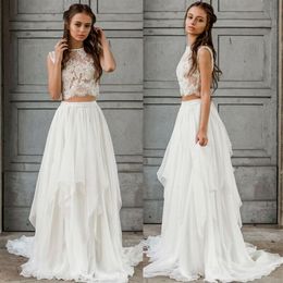 Sexy Deux Pièces Boho Robe De Mariée 2021 Crop Top En Mousseline De Soie D'été Plage Jardin Robes De Mariée Etage Longueur Bohème Pays De Mariée Gow2024