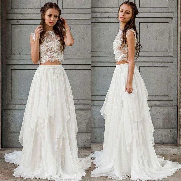 Sexy Deux Pièces Boho Robe De Mariée 2021 Crop Top En Mousseline De Soie D'été Plage Jardin Robes De Mariée Etage Longueur Bohème Pays De Mariée Gow313u