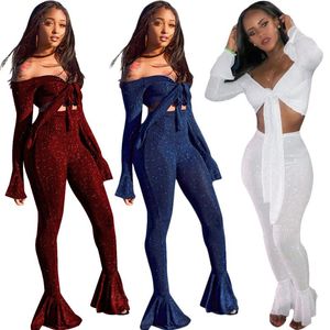 Sexy V-hals crop top met uitlopende mouwen en uitlopende broek Mode 2-delige set dames zomeroutfits