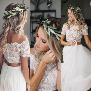 Sexy deux pièces country boho une robe de mariée en ligne de l'épaule en mousseline de mousseline appliques à manches courtes de la longueur du sol