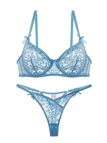 Sexy Ultra Thin Lingerie Briefes Blue Lace Grows Breasts Show Small Bra Set Lingerie With Thong Women Bra Sous -wear