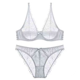 Conjunto de sujetador de copa 5/8 transparente ultrafino Sexy para mujer, corsé de realce, lencería sin esponja, ropa interior para mujer, bragas X0526