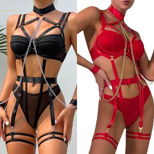 Sous-vêtements sexy chaîne de jeu de rôle sexy séduisante ensemble de quatre pièces femmes lingerie sexy couleur noire et rouge vêtements transparents elle en oln0739