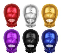 Sexy Unisexe Men Femmes Cosplay Face Mask Hood For Role Play Costume Latex Shiny Metallic Open Mouth Hole Headgear Full Face Mask Q04914516