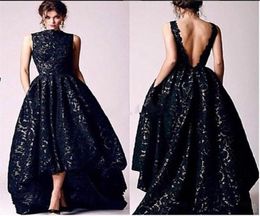 Sexy v Backless High Low A Line Prom -jurken met zakken Mouwloze avondjurken Lace Black Dress Party4635937