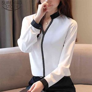 Sexy V-hals Kleding Mode Womens Tops en Blouses Dames Chiffon Solid V-hals White Shirt 6277 50 210506