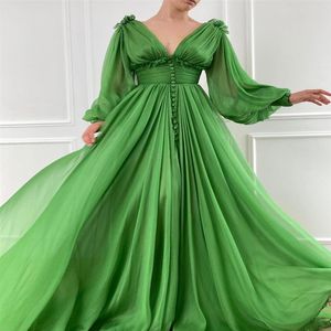 Sexy col en V vert mousseline de soie robes de bal une ligne manches bouffantes froncé longues robes de soirée avec fermeture éclair Back240T