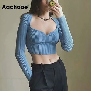 Sexy V-hals Gebreide T-shirt Vrouwen Effen Kleur Mode Lange Mouw Bodycon Crop Top Vrouwelijke Chic Tops Tee Shirts 210413