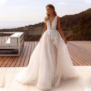 Sexy V-neck Lace Applique A Line Wedding Dress Backless Side Slit Custom Made Formal Bridal Grown Boho Vestido De Novia Robe De Mariage