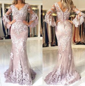 Sexy V Cou Dentelle Sirène Robes De Bal Manches Longues Tulle Applique Balayage Train Formelle Soirée Robes De Soirée Avec Des Boutons Robes Élégantes Porter