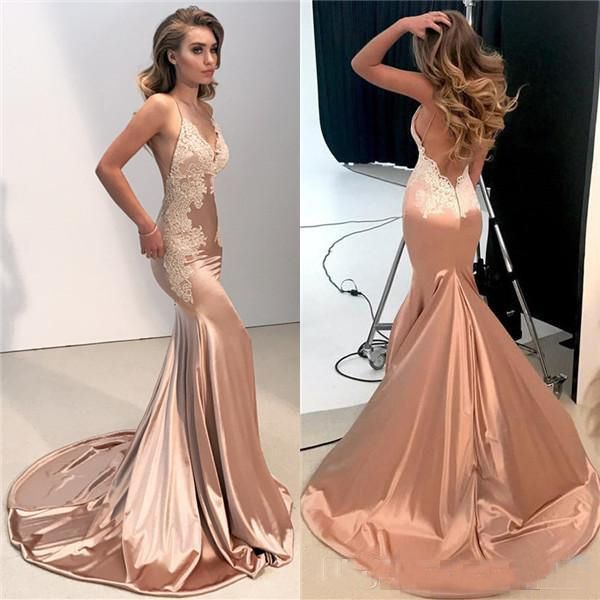 Vestido de fiesta de encaje con cuello en V, Sexy, sirena, tirantes finos, vestidos largos de fiesta de noche, apliques ajustados sin espalda, ropa de novia 2022