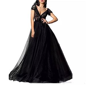 Sexy v-hals prom jurken 2020 glamoureuze zwarte kant top korte mouwen formele avondjurk hot koop prom feestjurken op maat gemaakt