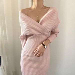 Sexy V Neck Off Shoulder Cross Waist Slim Knitted Woman Dresses Long Sleeve Elegant Solid Color Sweater Dress Winter 2022 Casual