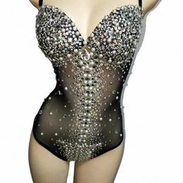 Sexy col en V Perspective maille rayé cristaux body femmes chanteur scène Performance Costume luxueux Gemstes perles Dr N9OI #