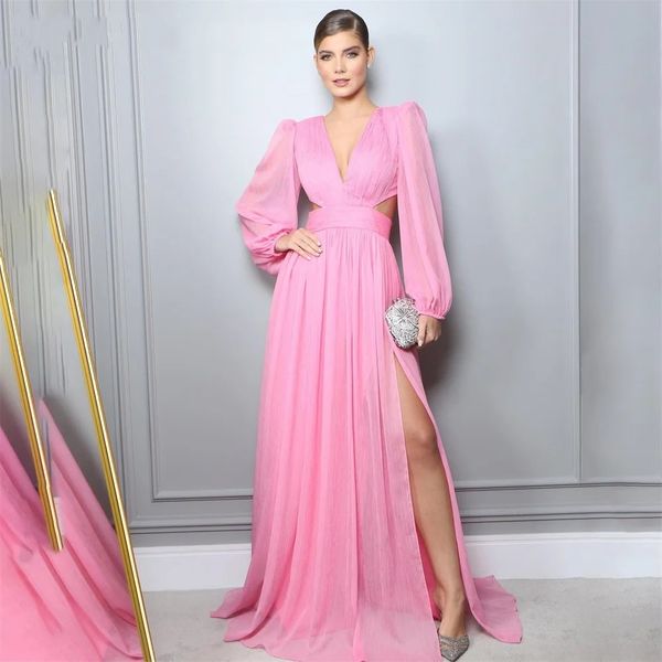 Sexy col en V rose Blush longue robe de soirée 2024 a-ligne manches longues découpées en mousseline de soie formelle fête robes de bal célébrité porter taille personnalisée Robe De soirée