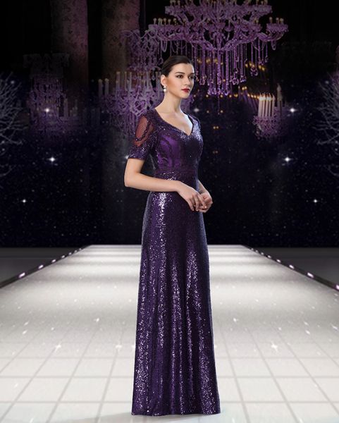 Sexy col en V brillant paillettes violet mère de la mariée robes fermeture éclair dos court sans manches balayage train robes de bal