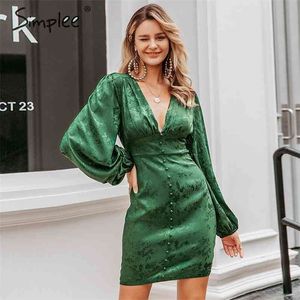 Sexy v-cou courte fête lanterne simple boutonnage a-ligne mini ruban vert dames streetwear robe à manches longues 210414