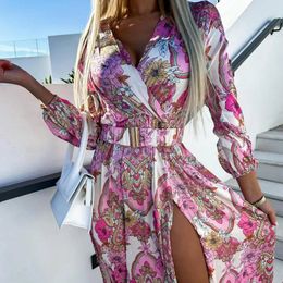 Sexy V Neck Slit Midi Woman Woman Spring Summer Fashion Elegant Lace Lace Lace Up Flower Floral Prints For Women 2023 240422