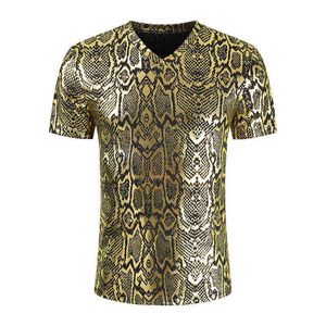 Sexy V Neck Snake Pattern T Shirt Metallic Men Hipster Camiseta de manga corta DJ Camiseta Hombres Hip Hop Streetwear Camiseta Homme L220704