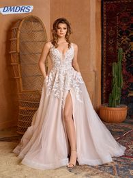 Robe de mariée Sexy, col en v, manches débardeur, classique, avec des Appliques de perles, gracieuse, ligne a, longue Robe de mariée