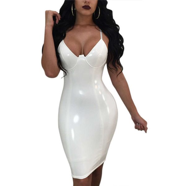 Robe fourreau en cuir Sexy pour femmes, col en V, buste serré, fermeture éclair, ourlet fendu, robe érotique, bretelles, sans manches, robe en Latex brillant