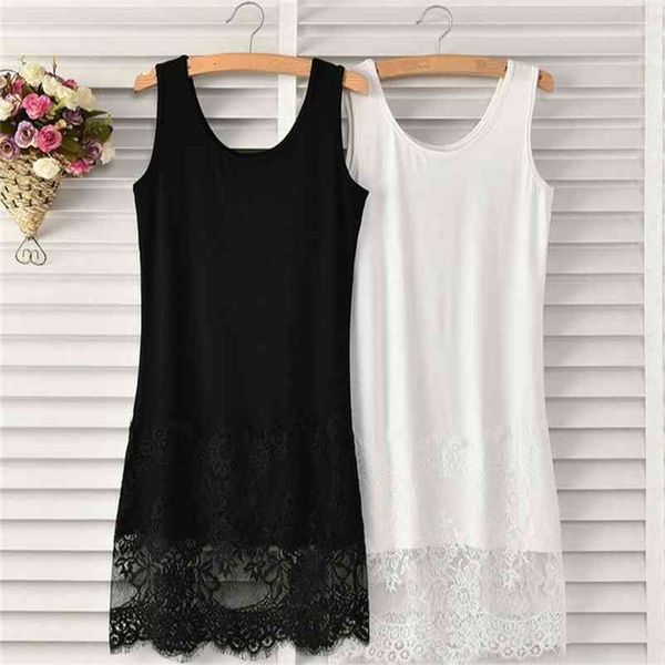 Sexy Vest Lace Dress Render Extender Long Tank Cotton Top Sans manches Garniture Layer White Black Multisize Dress 904-171 210331