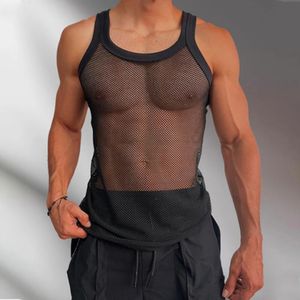 Sexy vest mannen singlet transparant mesh unshirt zie hoewel camisole bodybuilding fitness tank top mouwloze casual t shirt 240410