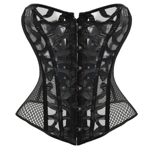 Sexy Taist Training Corset Body Shaper Women Corset Black Lace Up Overbed Overbust Corset Transparent Floral Pattern Mesh Gothic C6700125