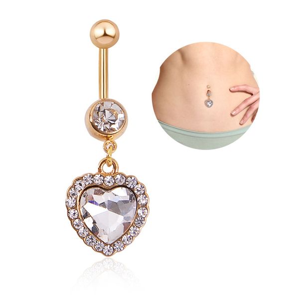 Sexy Wasit danse du ventre cristal corps bijoux en acier inoxydable strass nombril cloche bouton Piercing Dangle anneaux pour femmes or amour coeur