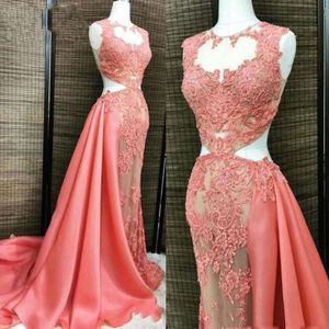 Sexy watermeloen rood zie door prom jurken gutaway zijkanten zeemeermin illusie mouwloze zeemeermin avondjurk sweep trein cocktail party jurk