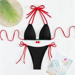 Sexy Weave Cherry Micro Thong Badpakken Vrouwen String Halter Driehoek Bikini Set Mujer Lace-up Badmode Badpak Biquinis 240322