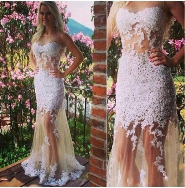 Sexy vestido de novia Mermaid sin mangas joya de joya longitud de encaje de encaje ver a través de vestidos de novia formales1175364