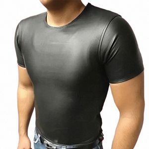Look humide sexy fausse en cuir hommes lingerie club nocturne muscle fitn tops tee pu manches t-shirts serrés new fi noir x7yl #