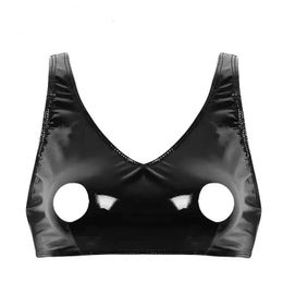 Camisole en cuir sexy wetlook pour femme érotique mamelon porno exposé en latex exposition du cou licou