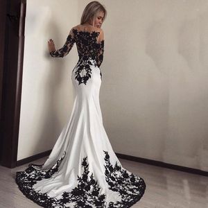 Sexy witte en zwarte avondjurken illusie pure halslijn lange mouwen chiffon tule floral applique sweep trein prom jurk plus siz 266e