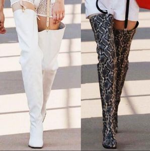 Sexy White Black Python Snakeskin Vierkante Teen Over The Knee Taille Broek Laarzen Vrouw 80 MM Hakken Losse dij Knight Dance Botas