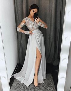 Sexy White Dark Navy Long Sleeves Prom Dresses A-Line V-Neck Split Applique Lace Chiffon See Through Evening Gowns Long Engagement Dresses
