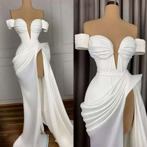 Robe de soirée en Satin blanc, Sexy, longue, épaules dénudées, avec fente haute, pour femmes africaines et arabes, robes de soirée formelles, robe de bal BC