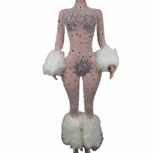 Sexy White Furry Combinaison Chanteuse Danseuse Sexy Leggings Costume Stretch Body Discothèque Oufit Party Wear Outfit Guibin q4oT #