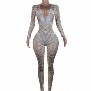 Sexy White Glitter Combinaison Femmes Rhineste Costume One Piece Discothèque Outfit Party Wear Danse Chanteur Stage Outfit Baisanjiao v2eW #