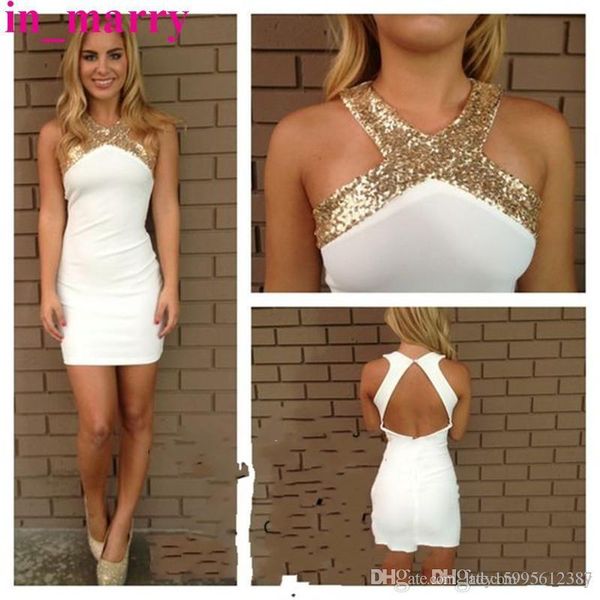 Vestidos de fiesta de cóctel cortos con lentejuelas de oro blanco sexy para mujer 2023 Funda con ojo de cerradura Volver Tallas grandes Hasta la rodilla Vestidos de fiesta simples y baratos 353