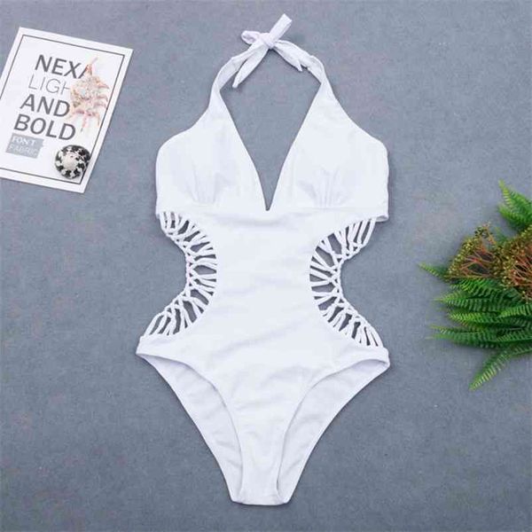 Sexy blanco halter recortado vendaje trikini nadar traje de baño monokini push up brasileño traje de baño mujeres traje de baño 210520