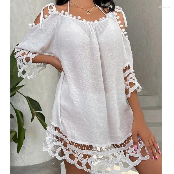 Sexy blanc creux hors bord de bikini couverture de plage robe de plage femmes 2024 été les robes à cordes arrière courtes sans dossier de couverture