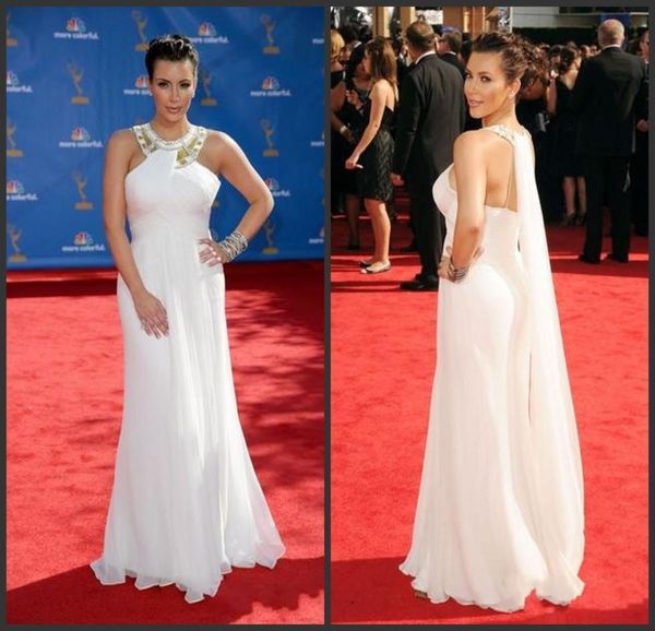 Sexy White Kim Kardashian Vestidos de noche 2018 Elegante Chiffon White Celebrity Vestidos Alfombra roja fuera del hombro Long Night Go3337845