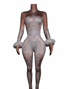 Sexy White Lace Rhinestes Mono Mujer Cantante Etapa Body Traje Fiesta Celebrar Unitard Glisten Stes Outfit Baileisi Y9VL #